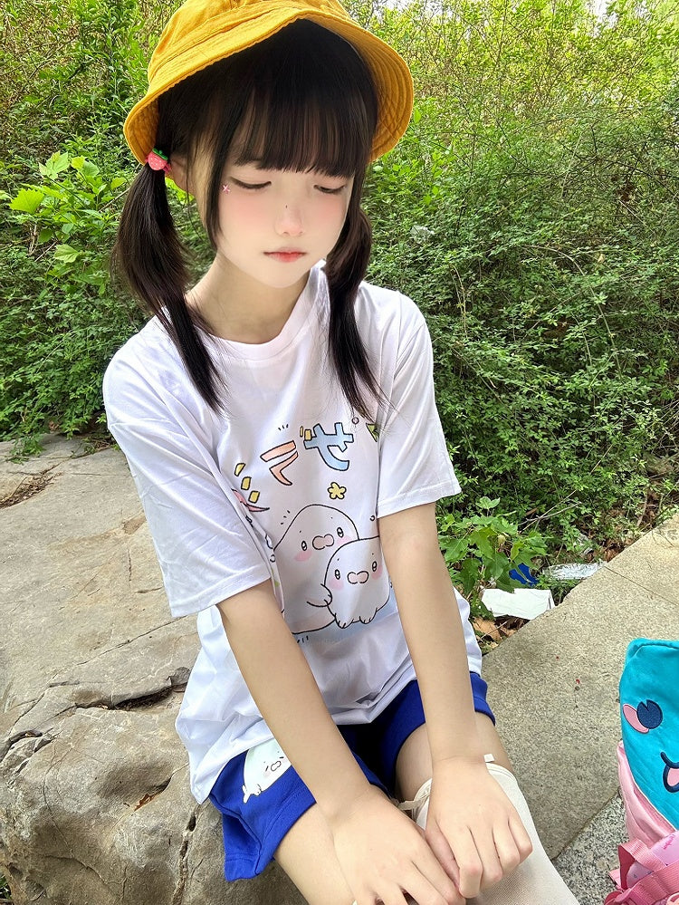 Print Shorts Drawstring Seal Blue Cute Navy Waist