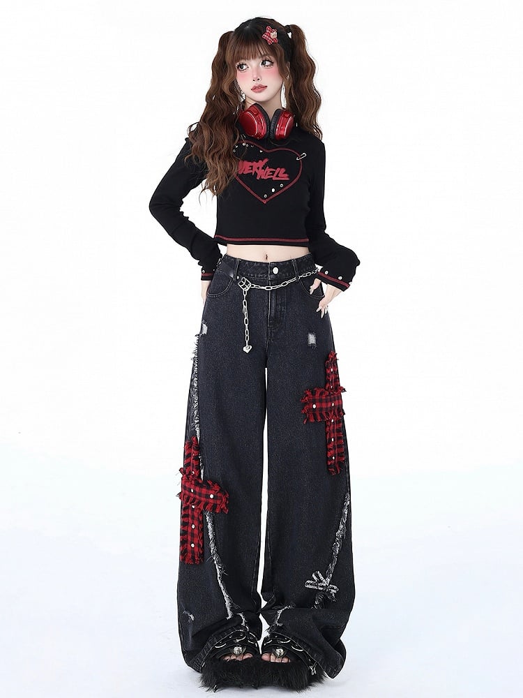 Wide Leg Punk Crosses Distressed Black Holes Plaid Jeans Red