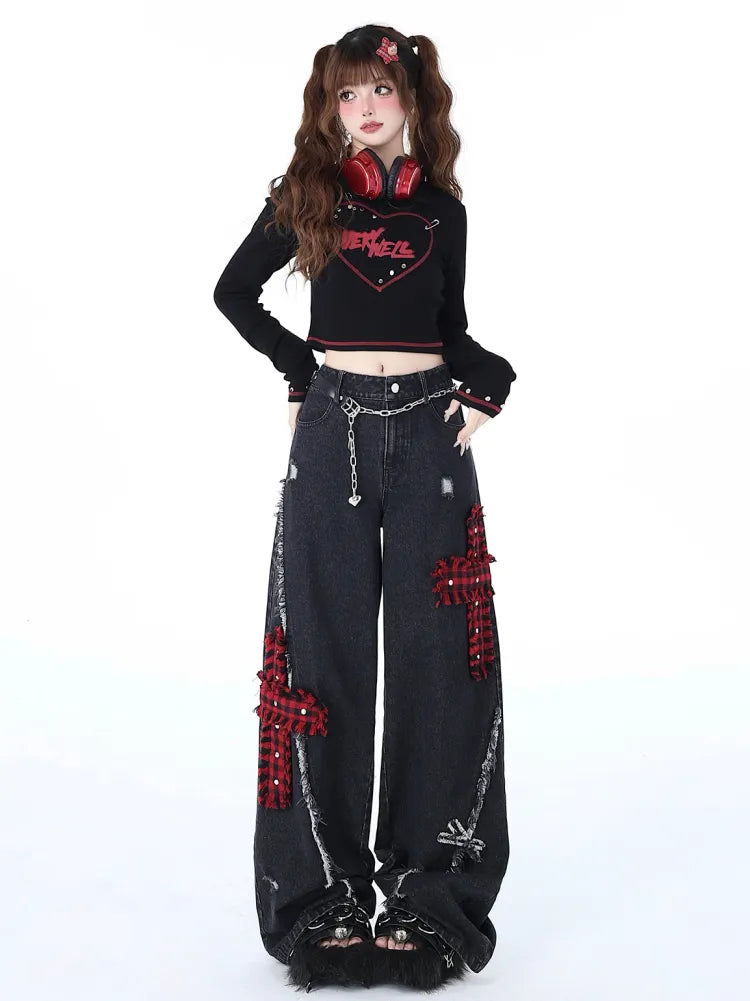 Black Wide Distressed Jeans Plaid Punk Leg Holes Red Crosses