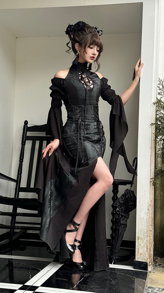 Black Open Shoulders Gothic Lolita Snakeskin Grain Top
