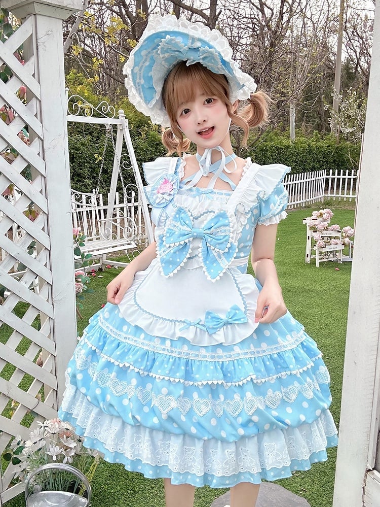 with Sleeves Apron Square Blue Polka Short Dress Lolita White Neckline Dots