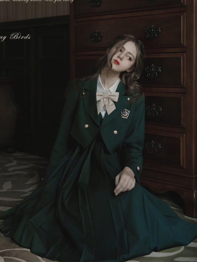 Green Belt with Embroidery 65 Preppy Overalls Box Pleat Skirt / and 70cm Dark