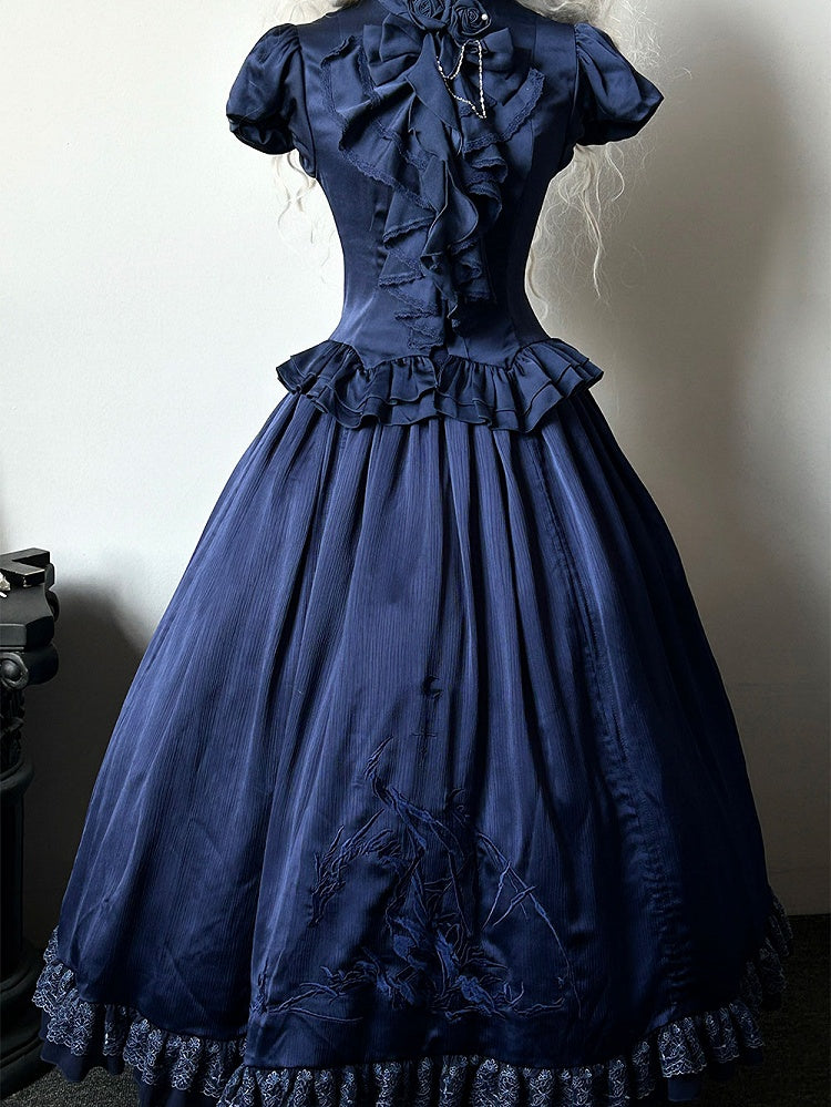 Dark Blue Dragon Bone Embroidery Drawstring Design Gothic Lolita Skirt