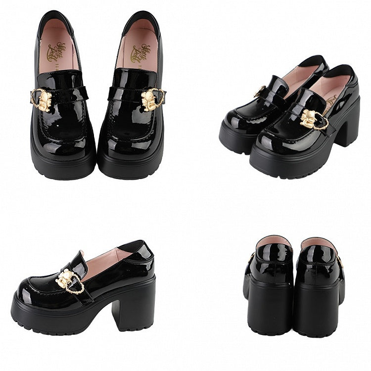 Matte Slipons Hugging Heart High Bear Plateau Heels Schwarz Schnallen Block