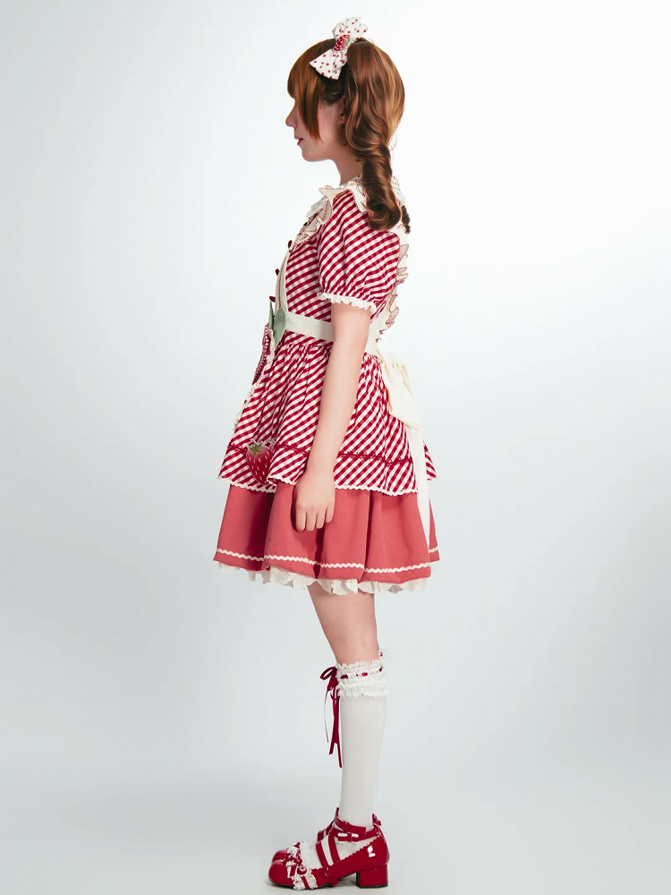 Dress with Plaid Lolita Collar Peter Pattern Strawberry Pan Sweet Pink Apron