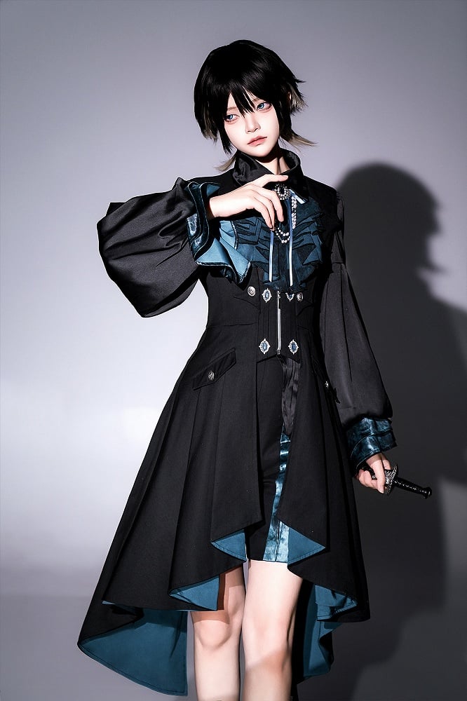 Long Shirt - Black Ouji Blue + Sleeves Tie Waistcoat Jabot Full and Prince Shorts Lolita Set
