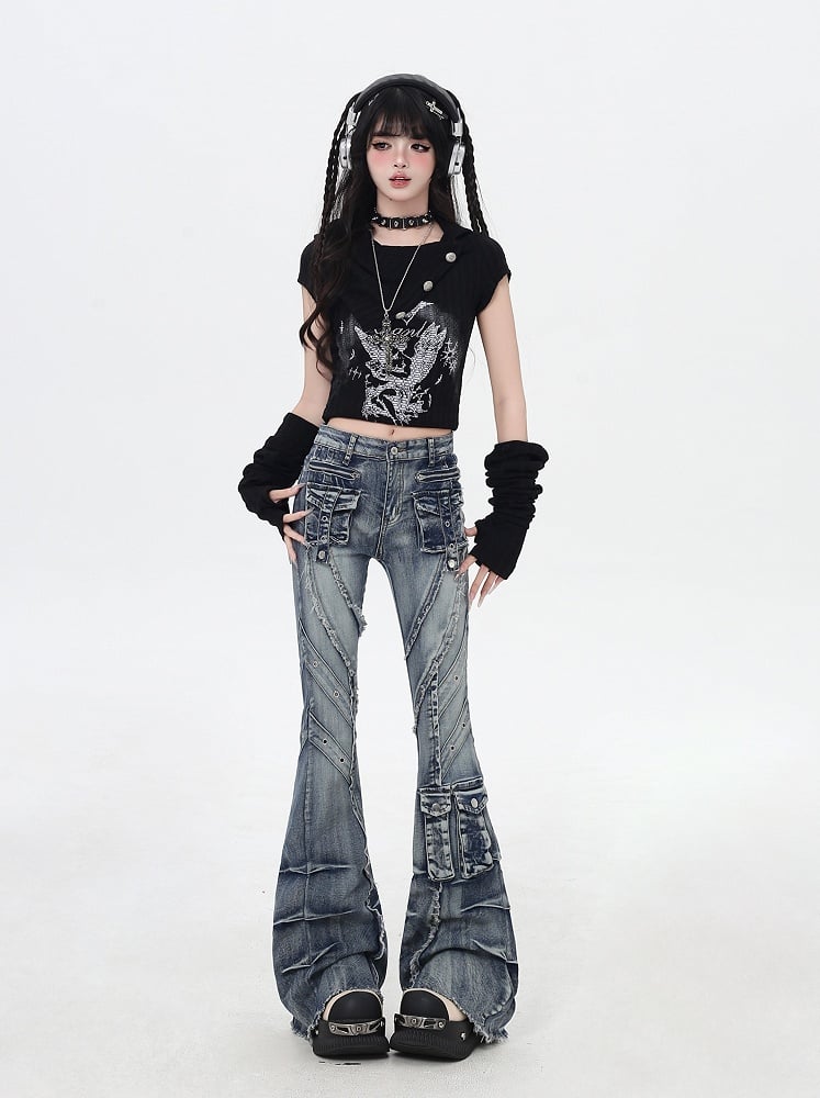 Blue Low Rise Raw Hem Faded Wash Flared Cargo Jeans Y2K