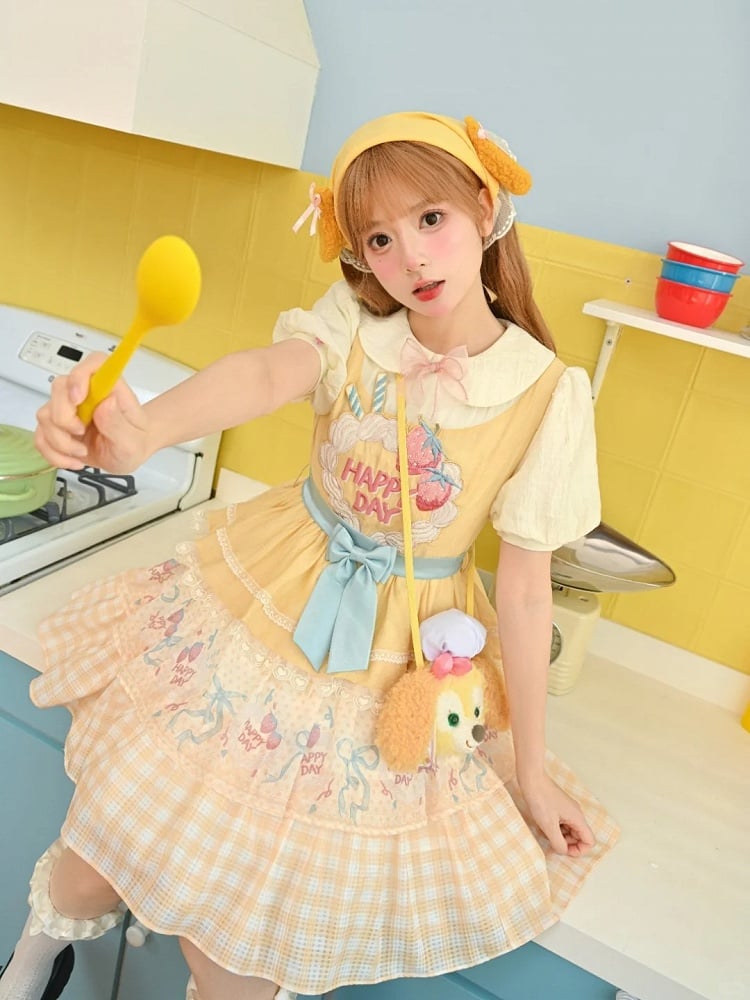 Strawberry Cake Embroidery Bow Creamy Yellow Tiered Lolita Dress Sweet Skirt Big