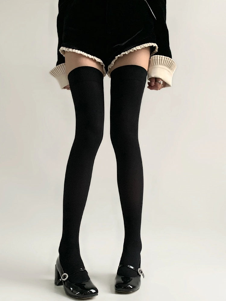 Trim Ribbed Version Stockings White/Black Over-knee Longer