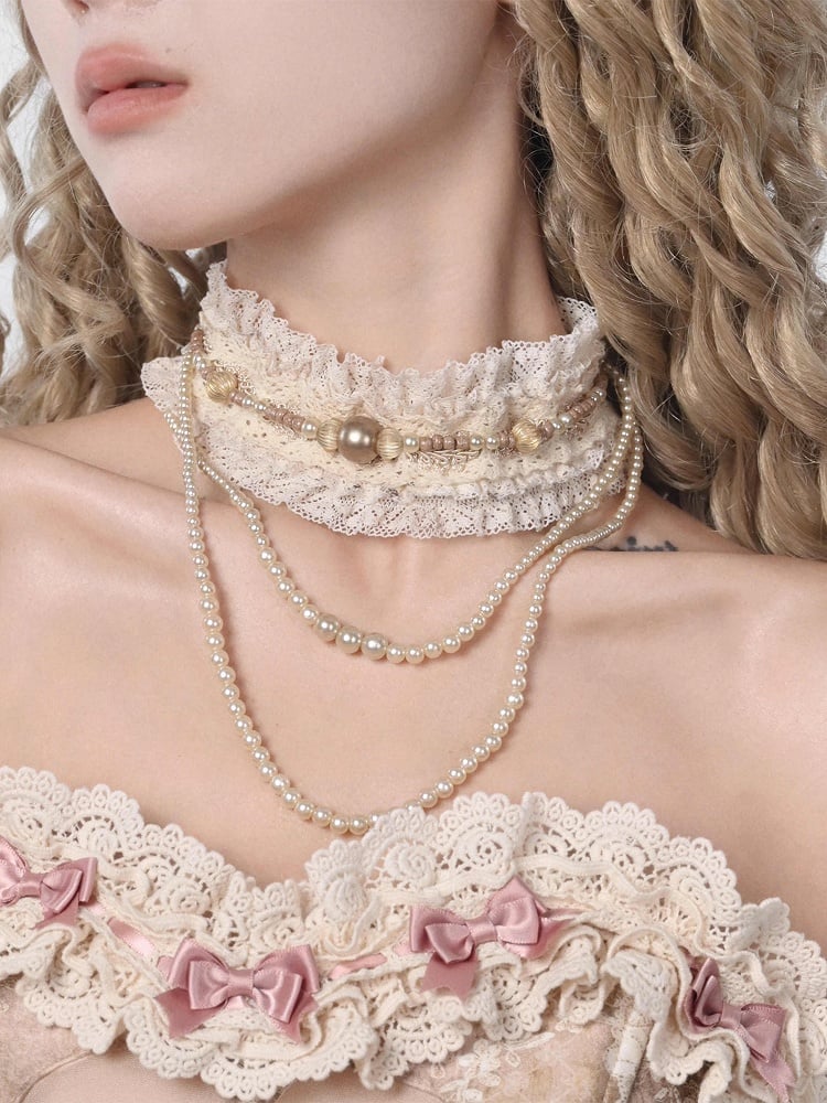 Choker Cream Lace with Bead Detachable Chain