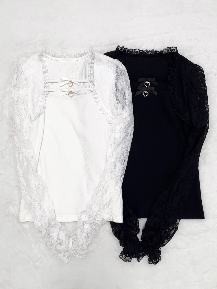 Jirai Kei Black/White Bowknots Neckline Lace Sleeves Top