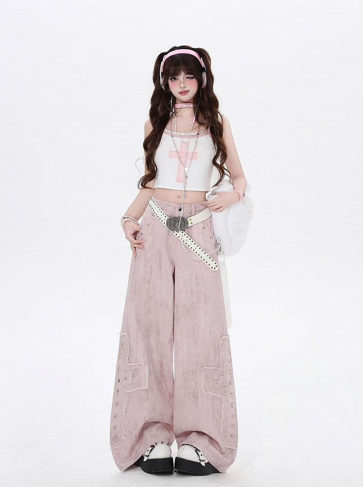 Pink Low Cross Appliques Wide-Leg Jeans Waist Studded Light