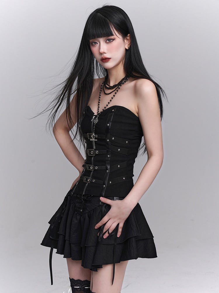 Lace Tiered Skirt Cross Black Lace-up Waist Studded