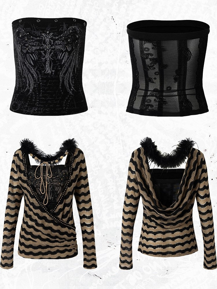 Bustier Set Top Brown Knit Striped Deconstructed Wing Black Print
