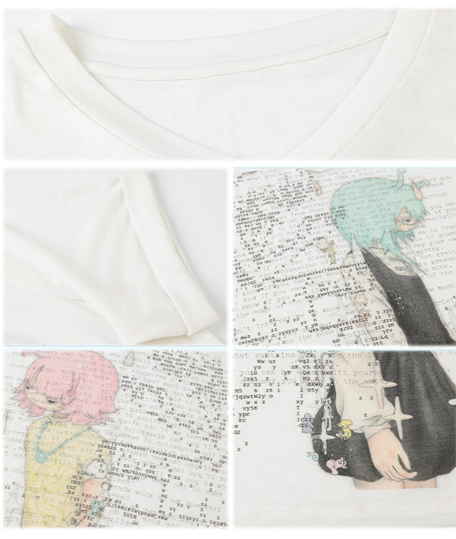 Grün/pinkes T-Shirt mit V-Ausschnitt und Anime-Mädchen-Print