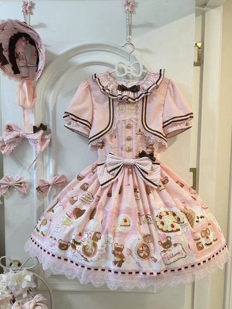 Two-pieces Theme Fake Desserts Bear Dress Pink Lolita Sweet Print Design