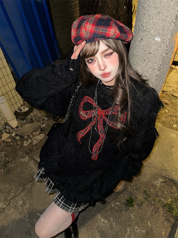 Bittersweet Kawaii Black Distressed Sweater with Red Plaid Bow Embroidery