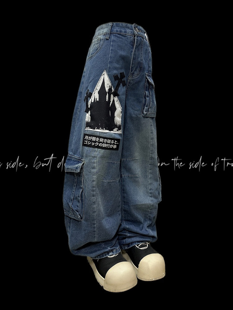 Decorated Cut Jeans Cargo Y2K Letter Pockets Blue Wide-leg Applique