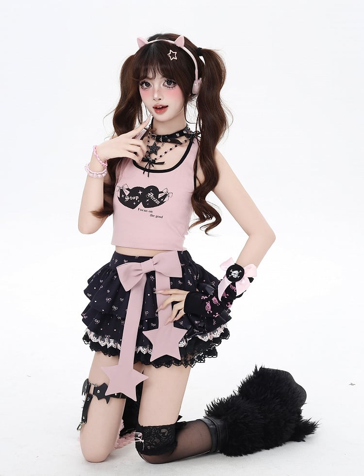 Big with Pink/Black Halter Neck Sweetheart Tank Top Bow Free Print Backless