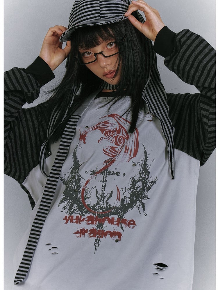 and Colorblock Long Sleeves Striped with Black and Gray Top Punk Print Design