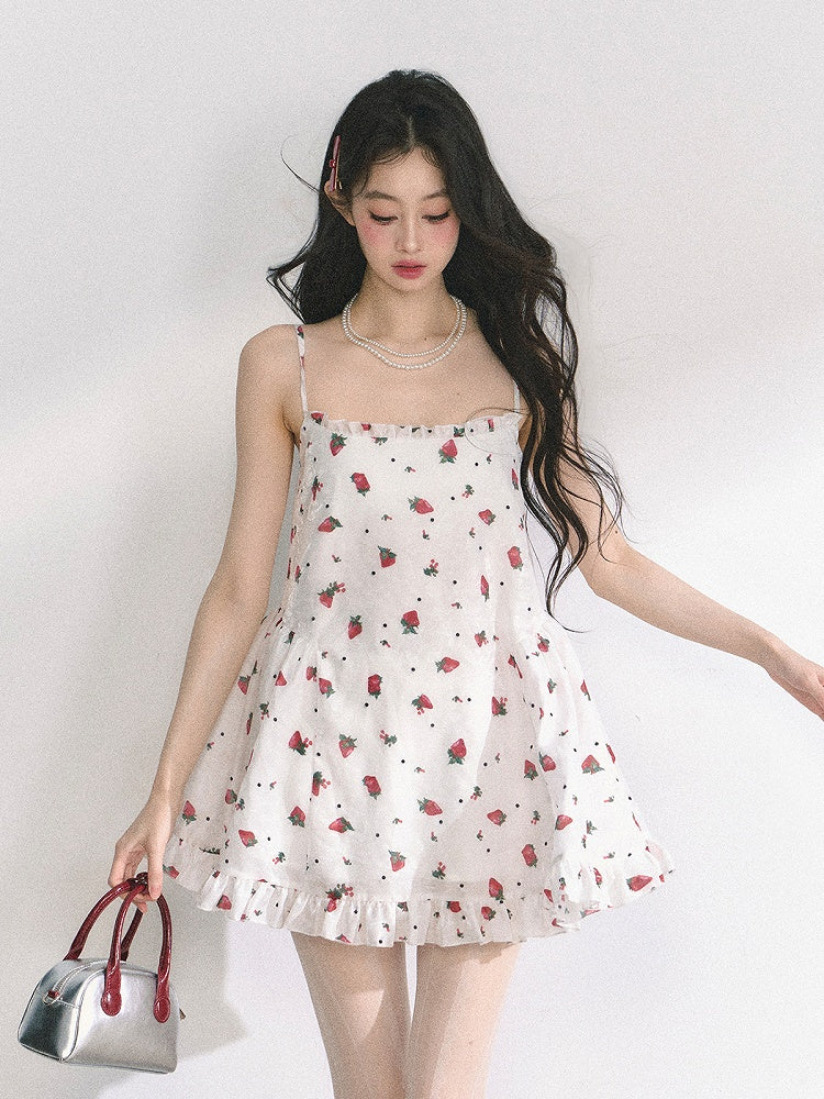 Print Mini Neck Sweet Strawberry Cami Dress White Square