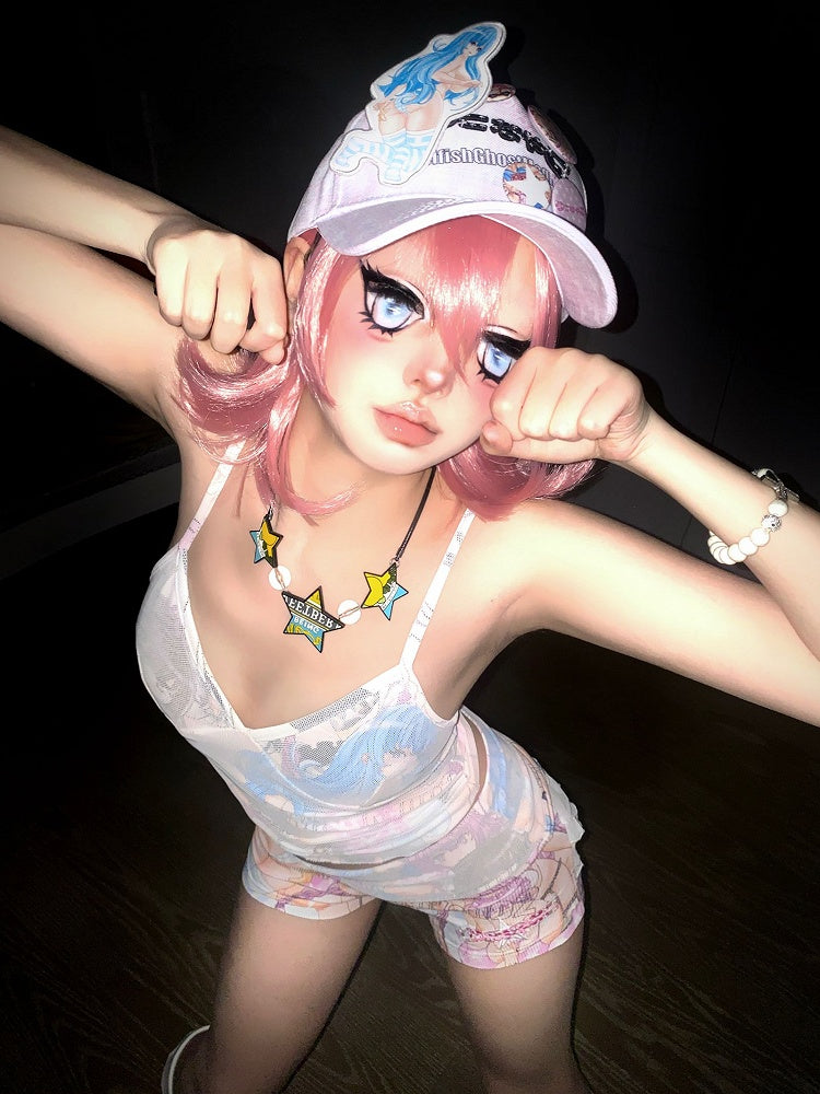 Adjustable Fashion Pink Plaid Hat Gyaru Cap