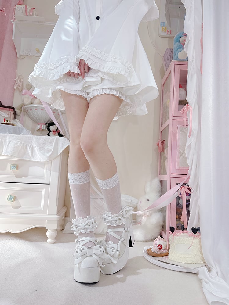 Weiße Heel Janes Mary Akzente High Block Samt Kei Jirai Schleife Old School Lolita