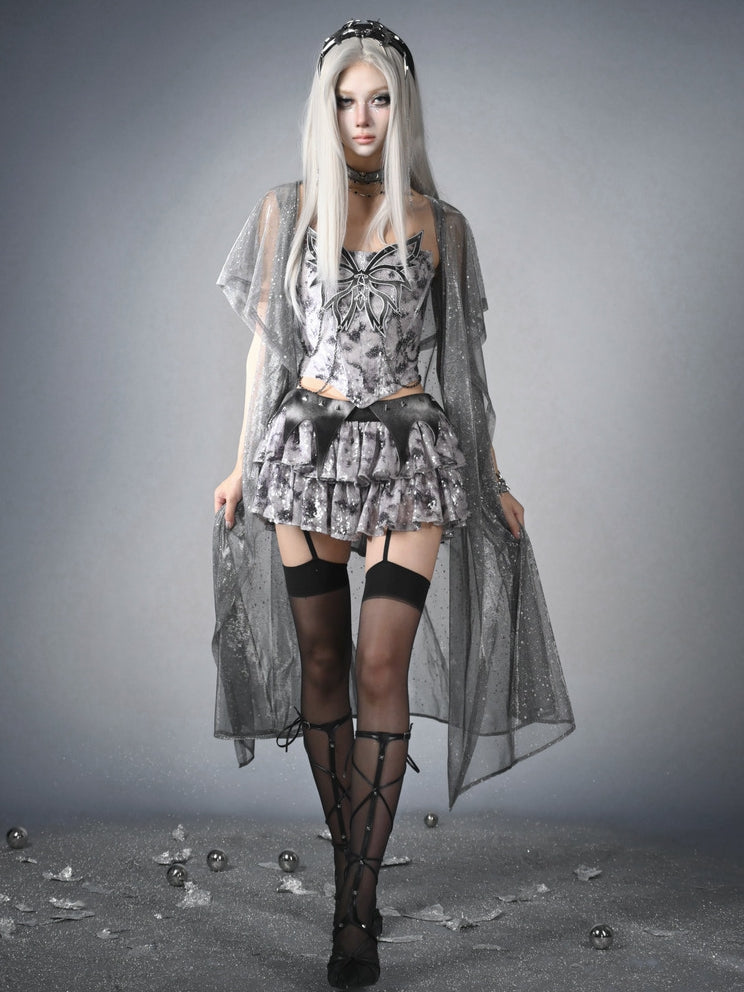 Top Fashion Grey Butterfly Chain Sequins Y3K Fishbone Strapless Cyberpunk Futuristic Silver Decorated