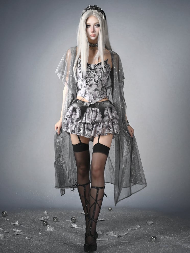 Fashion Waistband Skirt Low Y3K Waist Bat Wing Detail Sequins Tiered Cyberpunk Futuristic Silver Gray
