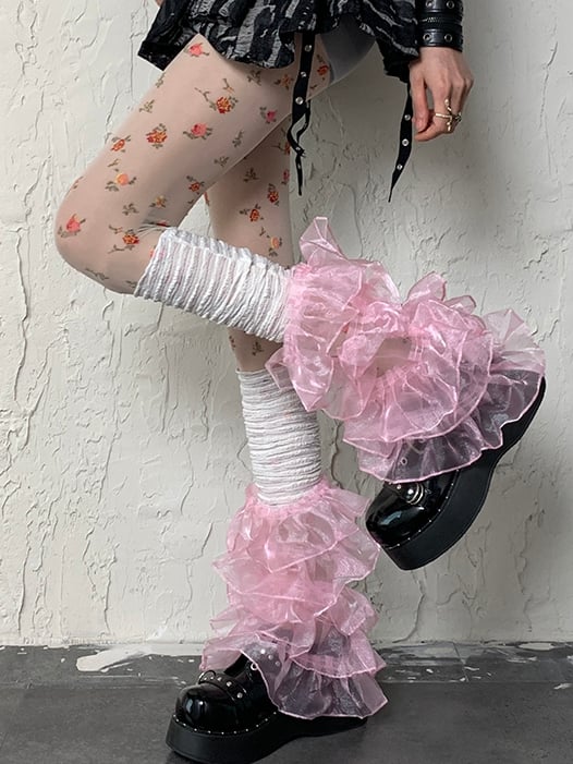 Lace Sleeves Multi-layered Trim Y2K WhitePink Leg