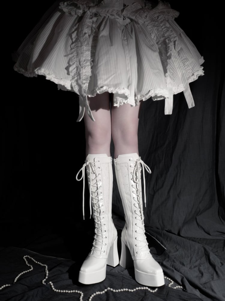 Gothic White Front Lace-up Ties Lace Platform High Block Heel Knee-high Boots