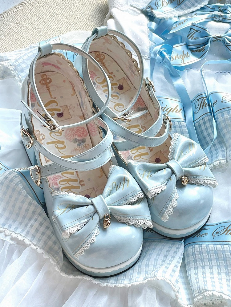 Heels Heart at Block High Buckles Blue Bow Crisscross Design Detachable Top
