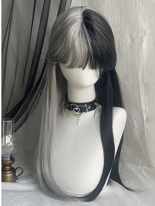 Black&Gray Split Color Long Straight Synthetic Wig With Bangs