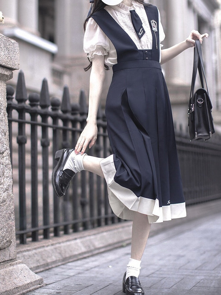 Overalls Box Embroidery Skirt Blue Letters with Pleat Dark