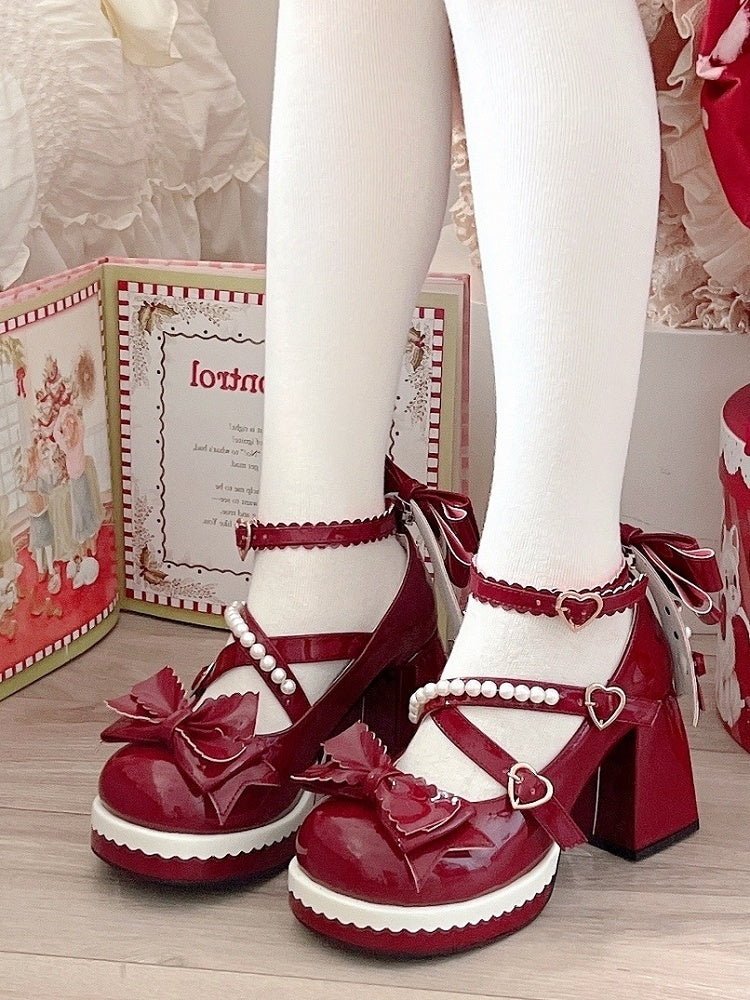Heart Sweet Red PU Lolita Buckles Strap Bow Bead-Embellished Janes Leather with Mary Accents in Wine