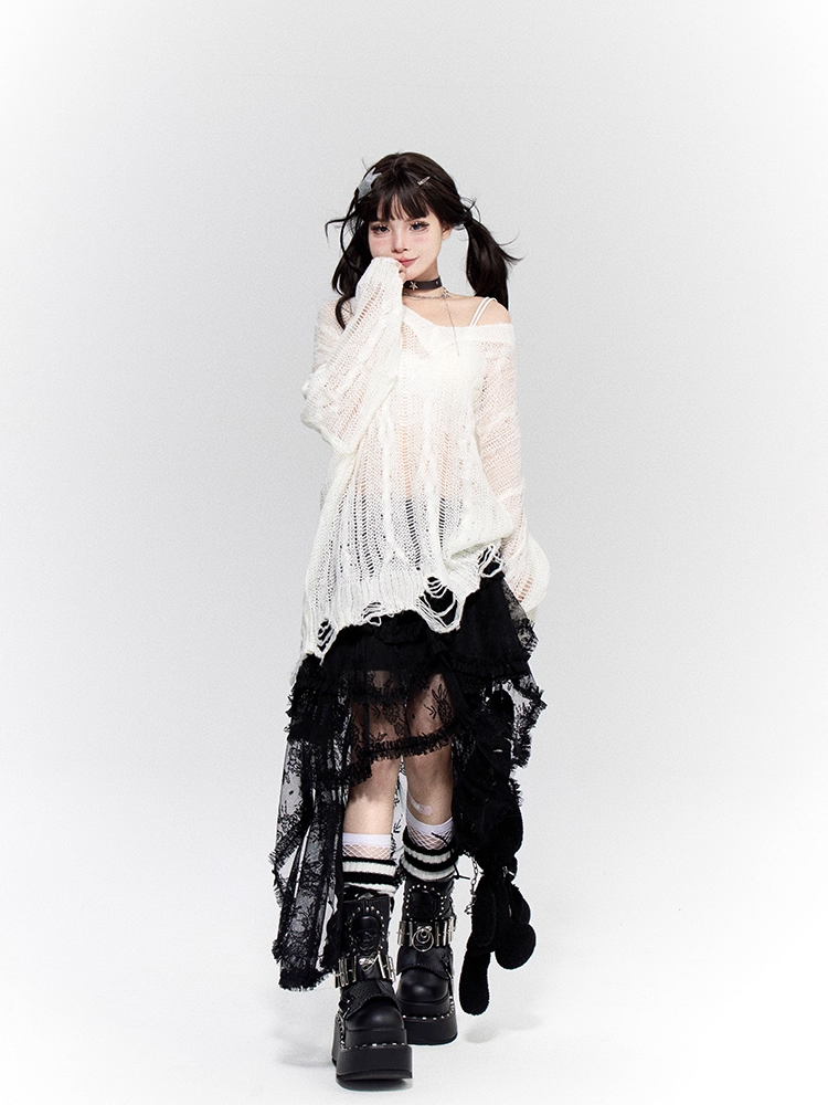 Tiered Lace Asymmetrical Hem Black Skirt with