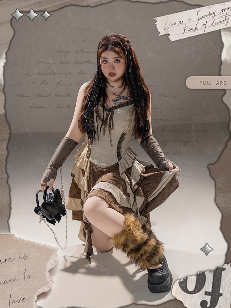 Plus Size Basque Waist Cascading Ruffles Distressed Wasteland Punk Brown Holes Cami Dress