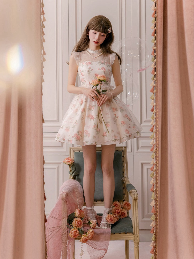 Dress Pink Print Rosette White Illusion Lolita Summer Neckline