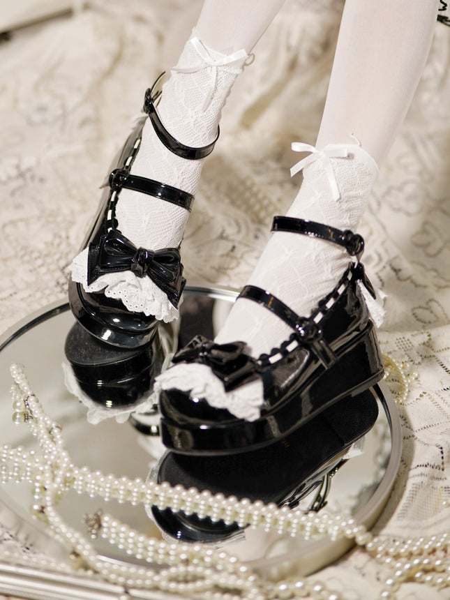 Platforms Bow Black Top Lace at Trim Buckles Heart
