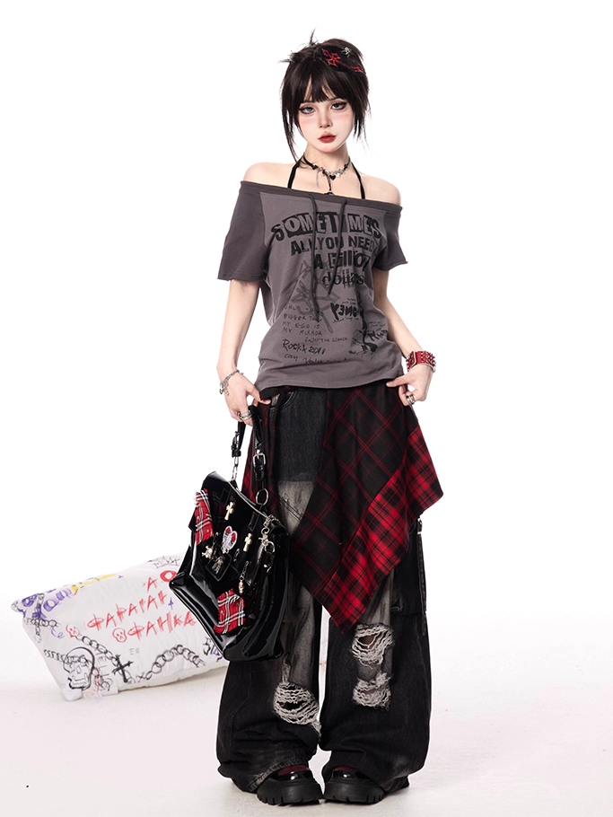 Ausschnitt Grau/Apricot Design Grafik Colorblock Asymmetrisches T-Shirt Selbstbinden