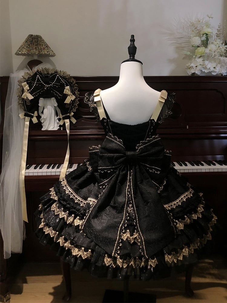 Bead Black Princess Decorated Dress Bows Lolita Tiered Skirt Chain