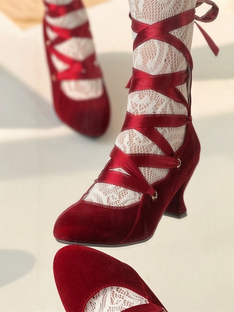 Design Shoes Red Lace-Up Wine Velvet in Toe Closure Pointed Classic Lolita