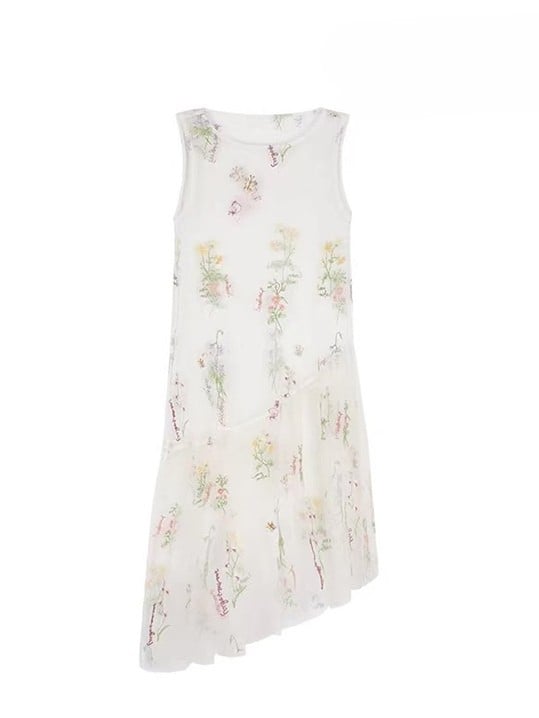 Floral Dress White Asymmetrical Yellow Beige Holiday Set- Sheer Embroidery + Skirt Hem