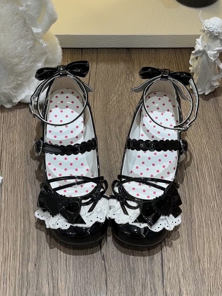 Jane Lace-Trim Polished Lolita with Heel Buckles Mid Bow Mary Sweet Heels Black Top - Heart