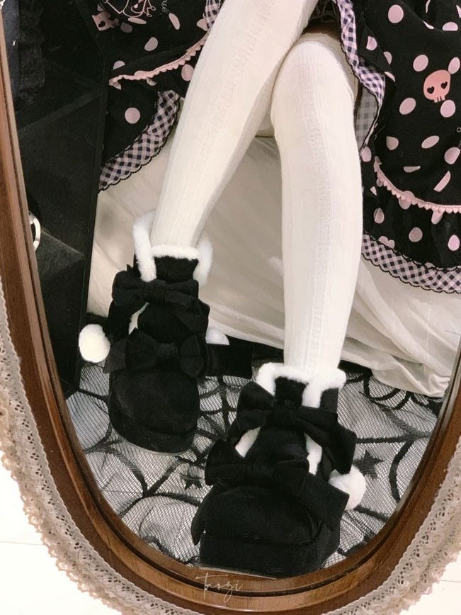 Schwarze Stiefel mit Schleifen - Lolita Pompon Süß mit Stil Plateau Winter Warm