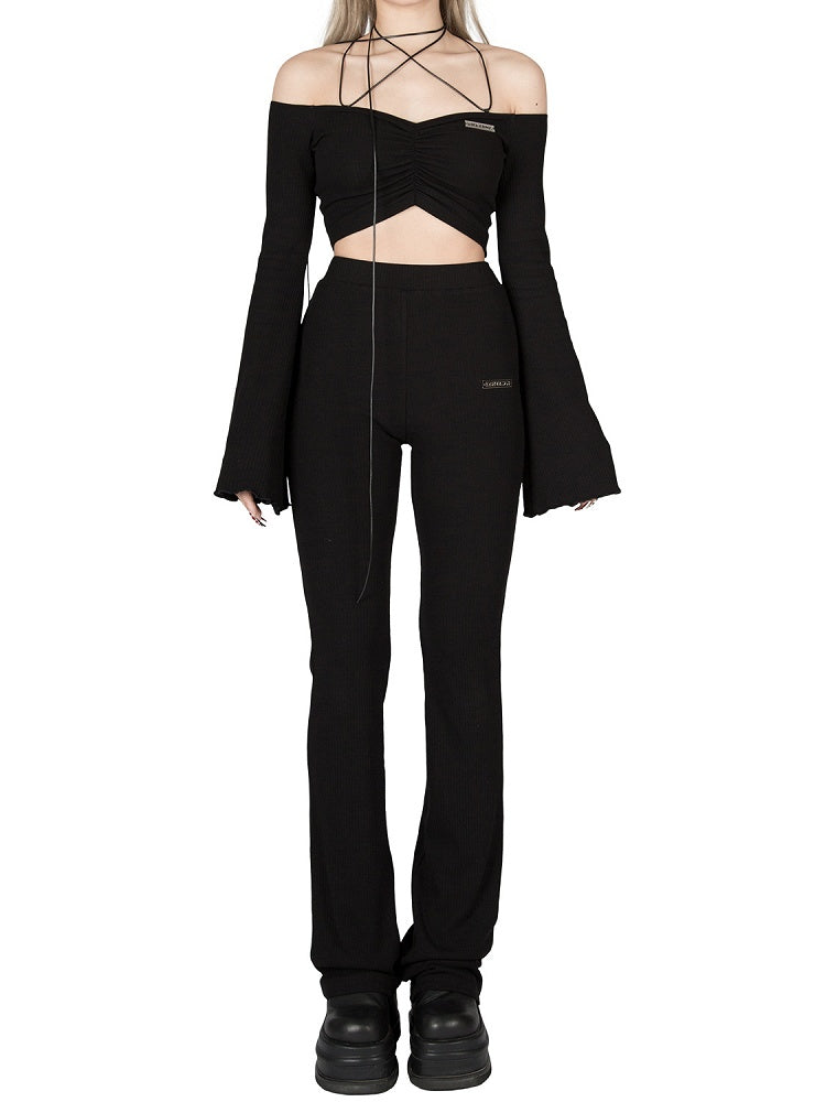 Knit Pants Stretchy High-Waisted - Flared Figure-Flattering Black