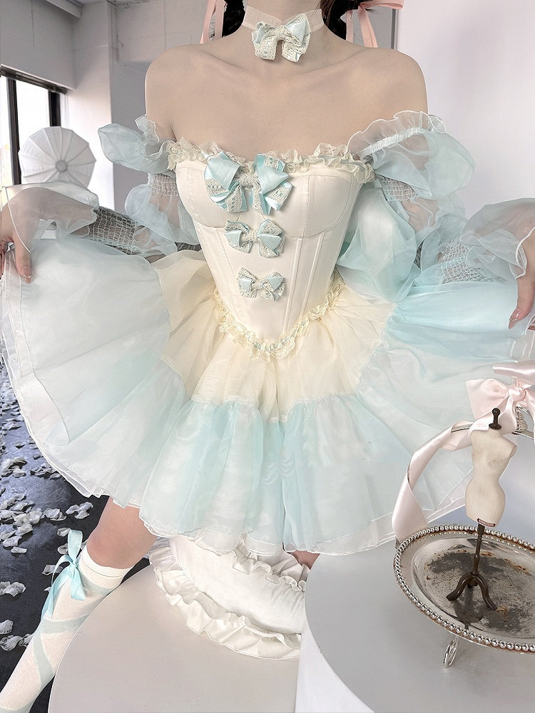Green Bowknots Decoration Bodice Corset Top with and Puffy Skirt Yellow Set Balletcore