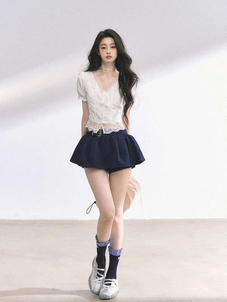 White Neckline Lace Hem Puff Sleeves Blouse Straps Self-tie