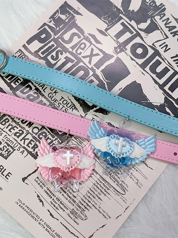 Blau/Rosa Jirai Kei Engelsflügel mit Kreuz-Halsband