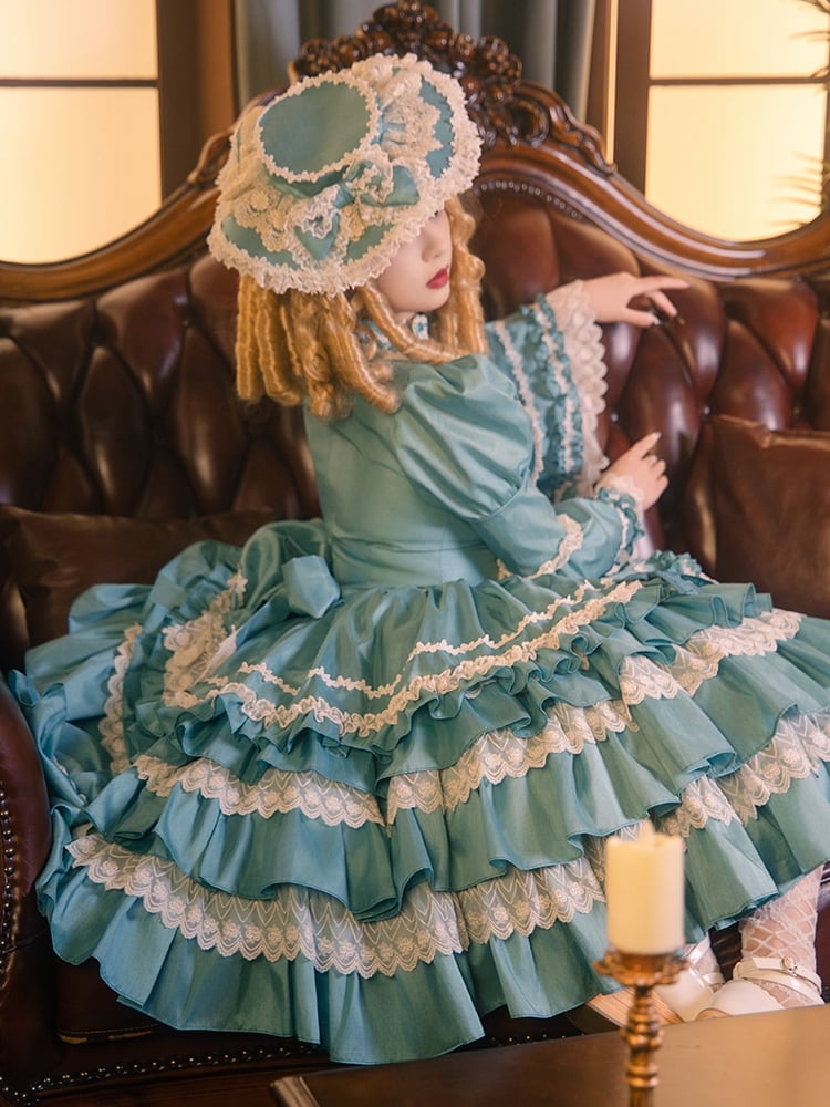 Türkisgrünes Lolita-Kleid mit Stufenrock und langen Ärmeln